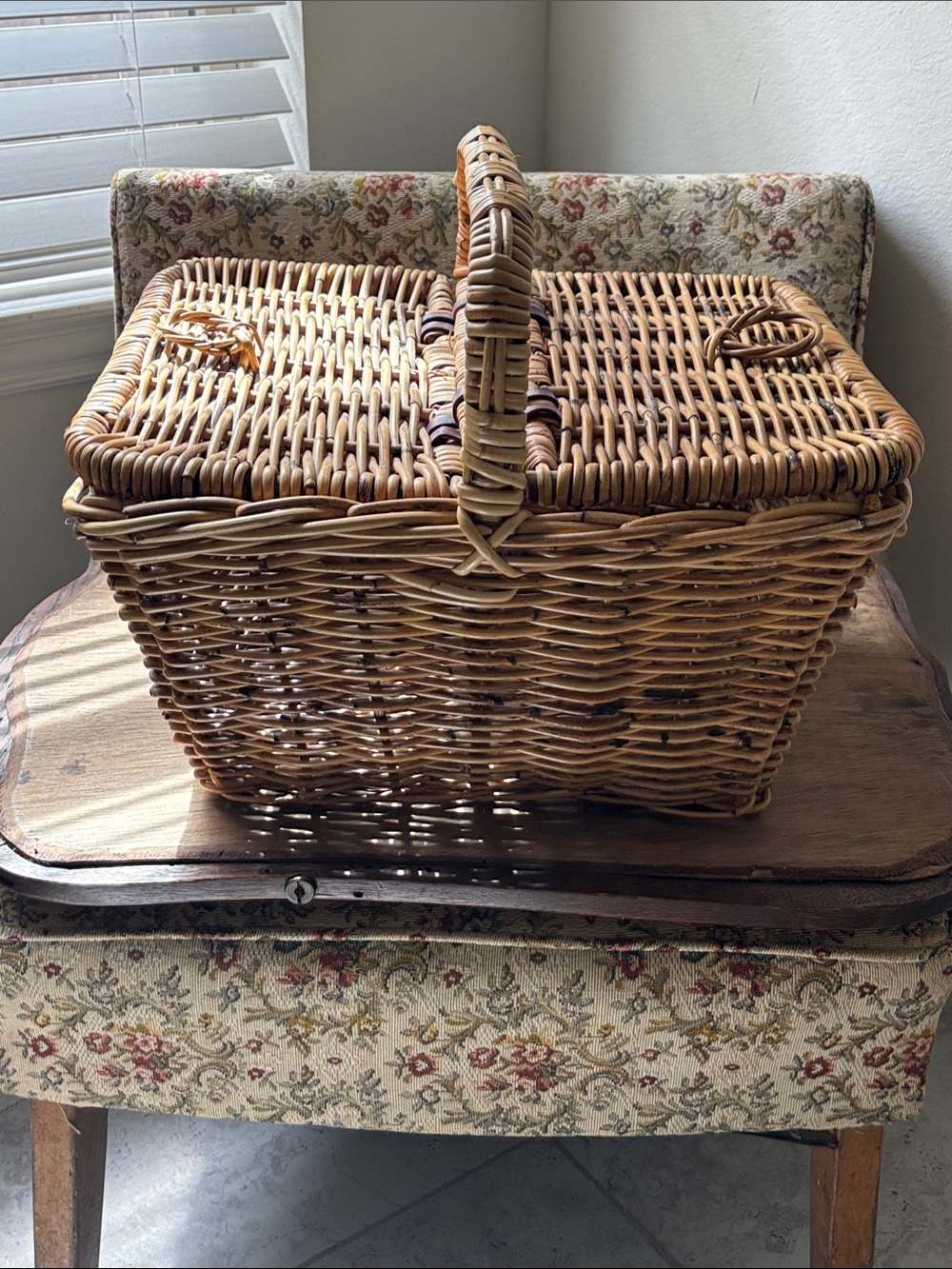 Woven Rattan Picnic Basket with Handle - Natural Brown